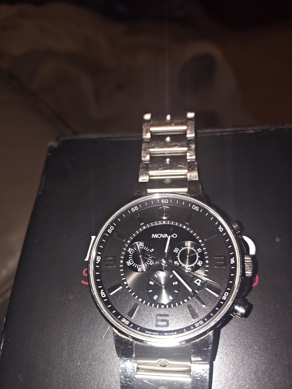 Movado Black Dial Silver Bracelet Chronograph Watch